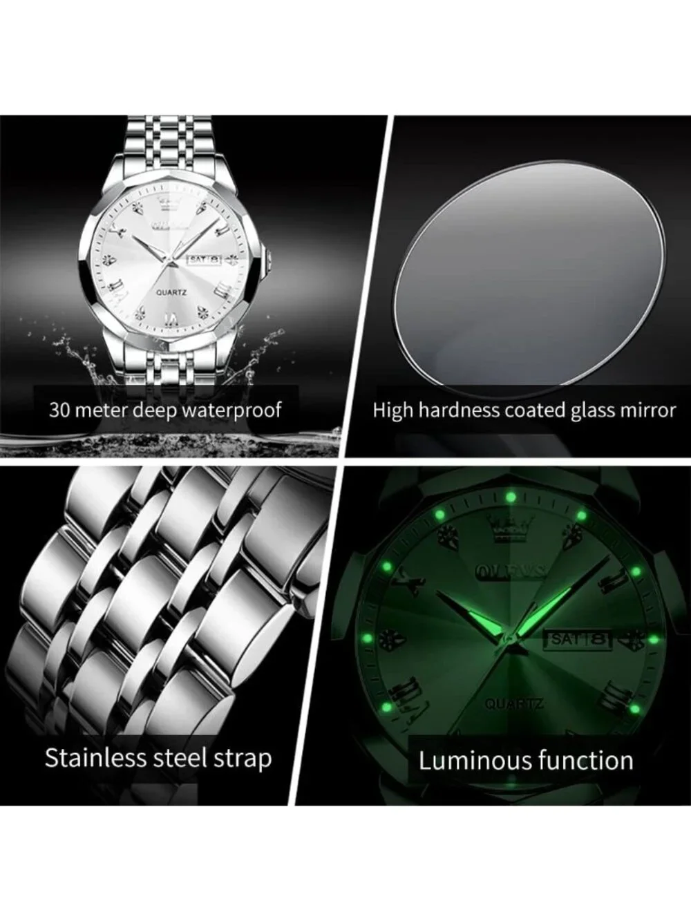 Men's Silver Diamond Stainless Steel Band Waterproof Roman Numbers Classic Watch